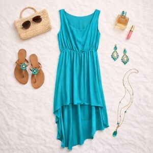 NWT Italia Moda Teal Goddess Flowy Chiffon Overlay High-Low Dress Made in Italy